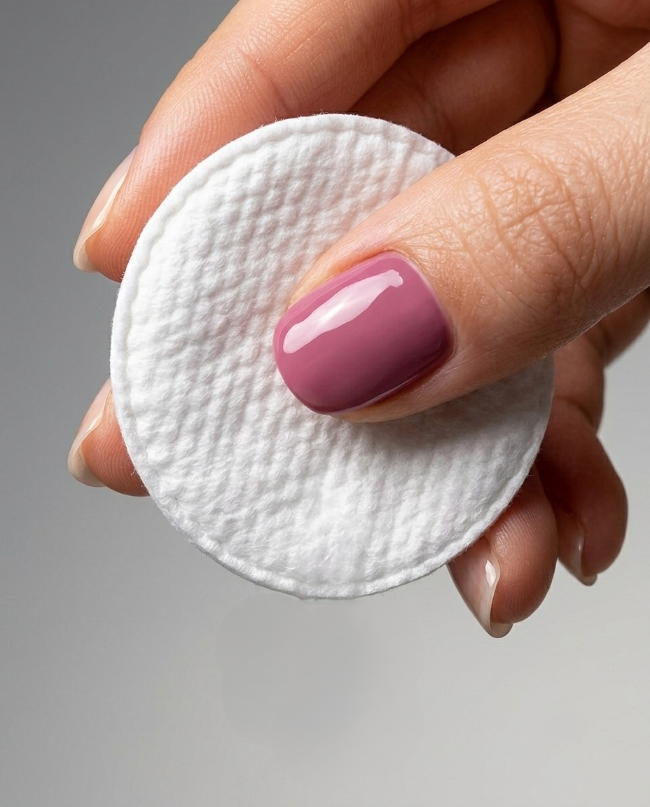 Hand holding cotton pad for acne care